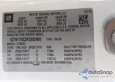 2015 GMC Sierra 1500 из США, поврежденный, VIN 1GTN1TEC5FZ902493